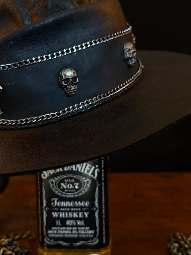 Forged in Fire skull leather cowboy hat - band and chain detail