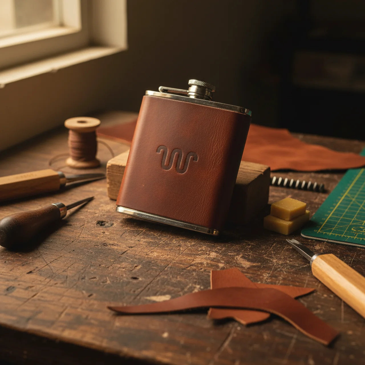 Leather Flask — stainless steel wrapped in cognac leather
